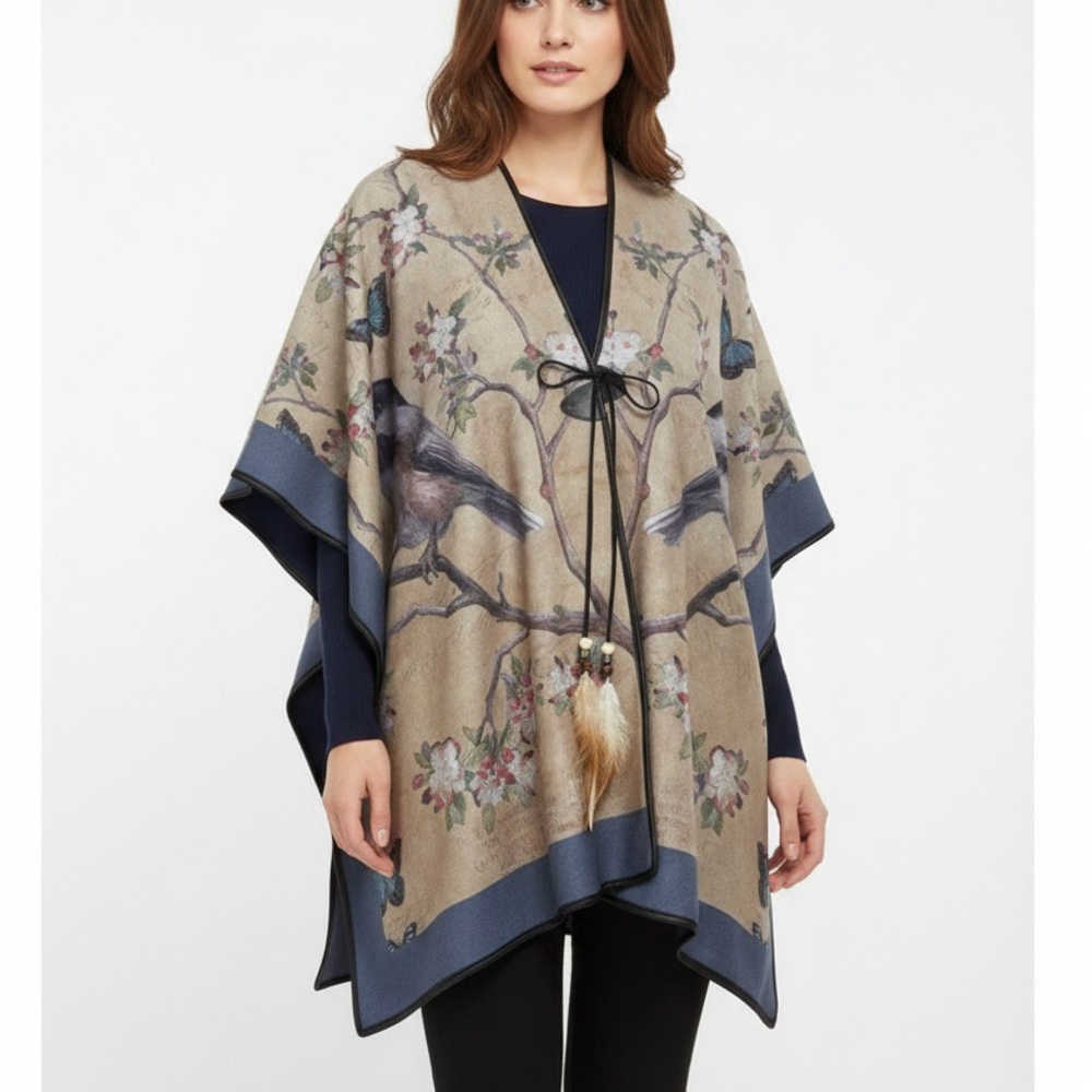 Reversible Bird Print Poncho Blue Feather Tie Wrap Shawl Cape